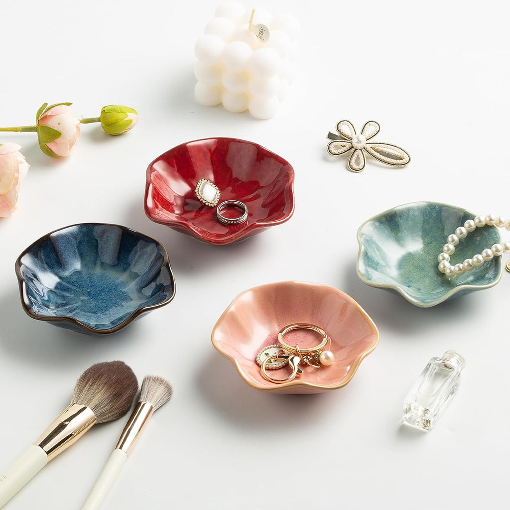 Mecaikru Ceramic Ring Dish, 4 in Jewelry Tray with Kiln Glaze Catchall Bowl | Mixed silhouettes give each color its own look while keeping earrings, necklaces, bracelets and keys easy to see and reach.