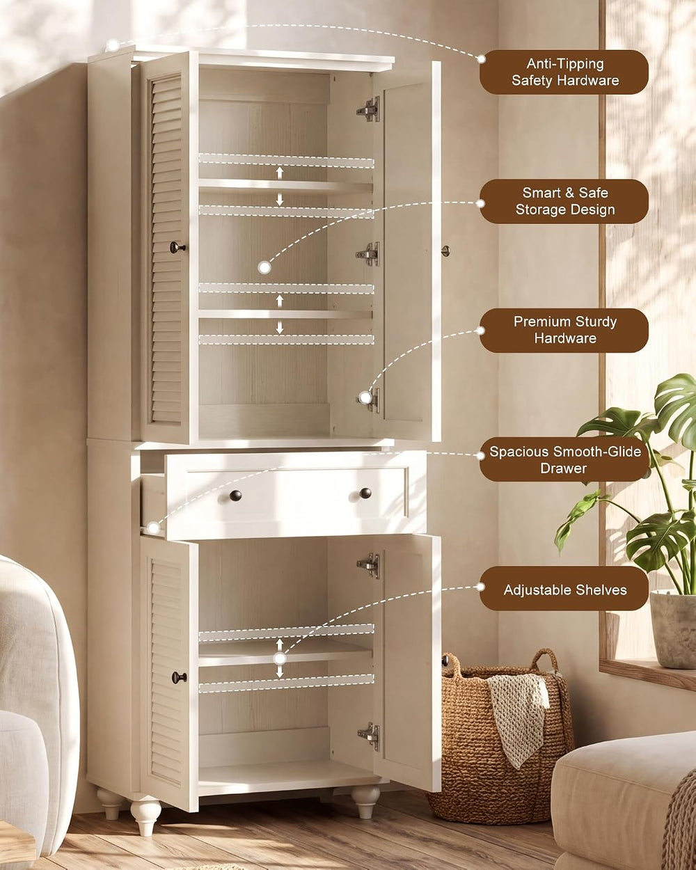 80" Kitchen Pantry Cabinet Set of 2, Farmhouse Storage Cabinets with Gla...