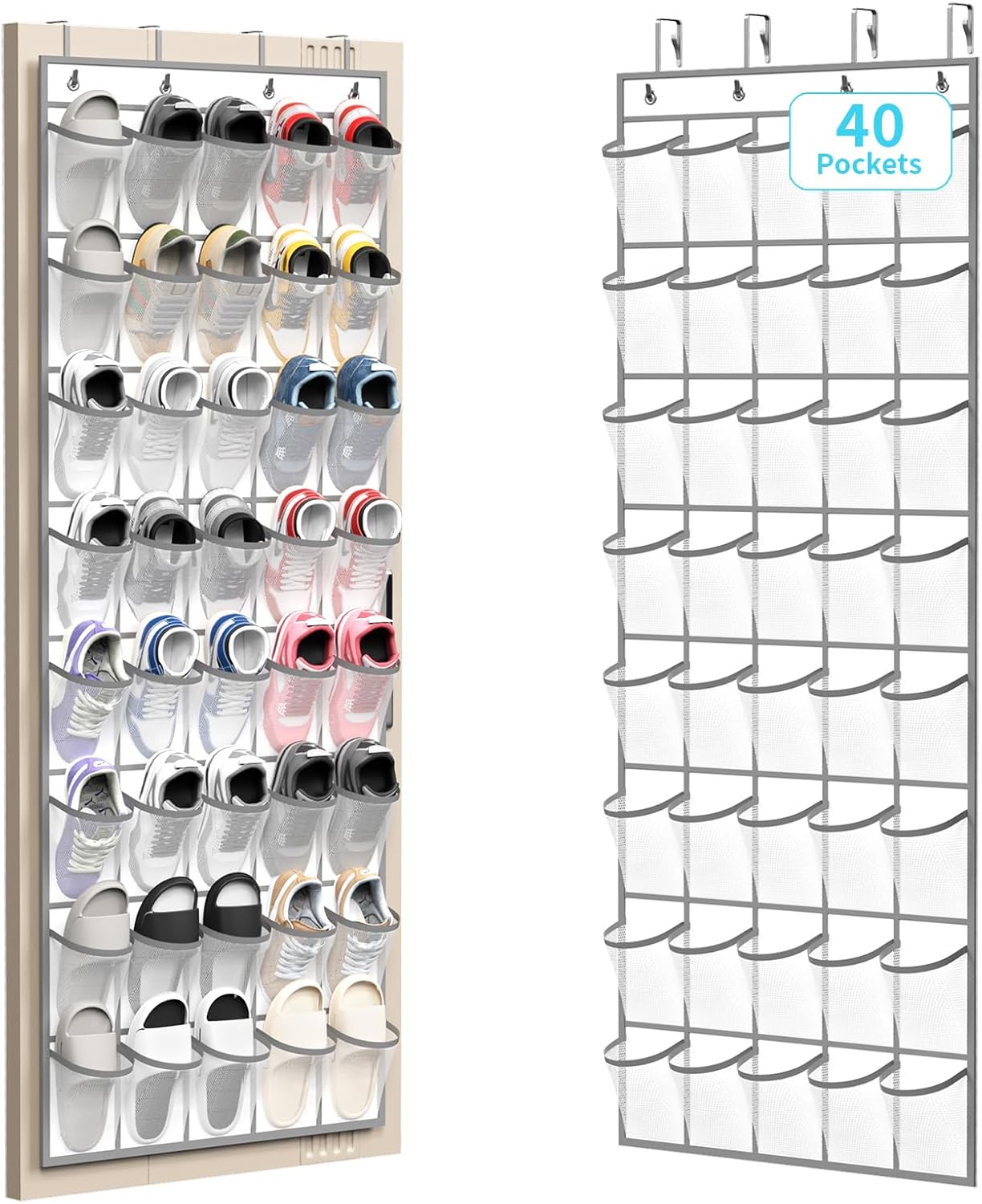 SAVERHO 40 Large Pockets Over the Door Shoe Organizer,Space-Saving Mesh Hanging Shoe Rack for Door Shoe Holder, Large Size 76.4" x 27.5" Ideal for Closet & Door Storage (White, 40 Pockets)
