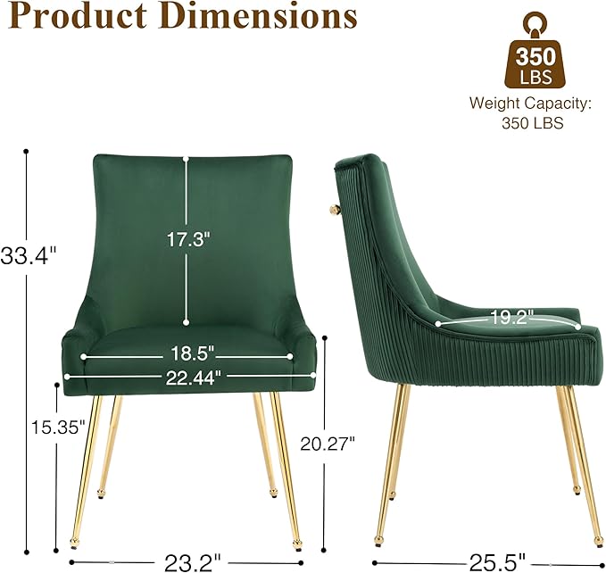 Velvet Dining Chairs Set of 6, Modern Upholstered Kitchen Chair with Pull Handle & Pleated Back, Mid Century Accent Chair with Gold Metal Legs for Vanity,Dining,Kitchen,Living Room, Green