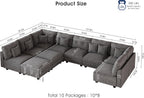 LLappuil 10 Seater Sectional Sofa with Storage, U Shaped Corduroy Modular Couch with 10 Throw Pillows, Convertible Pet-Friendly Sofas for Living Room & Large Space, Reconfigurable, Grey