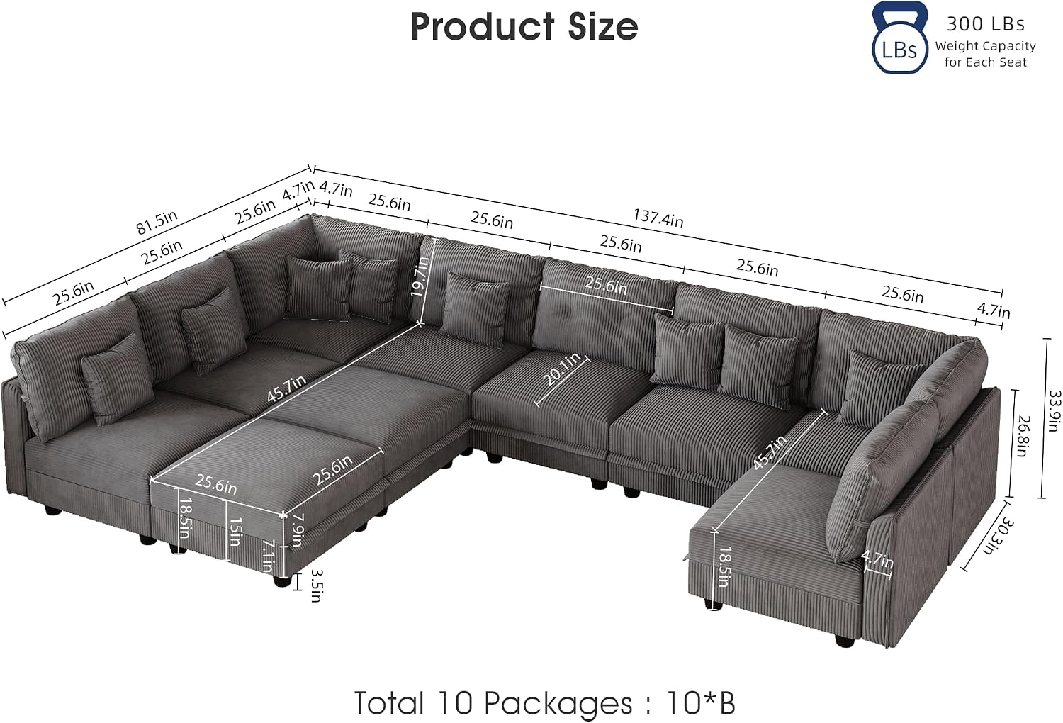 LLappuil 10 Seater Sectional Sofa with Storage, U Shaped Corduroy Modular Couch with 10 Throw Pillows, Convertible Pet-Friendly Sofas for Living Room & Large Space, Reconfigurable, Grey