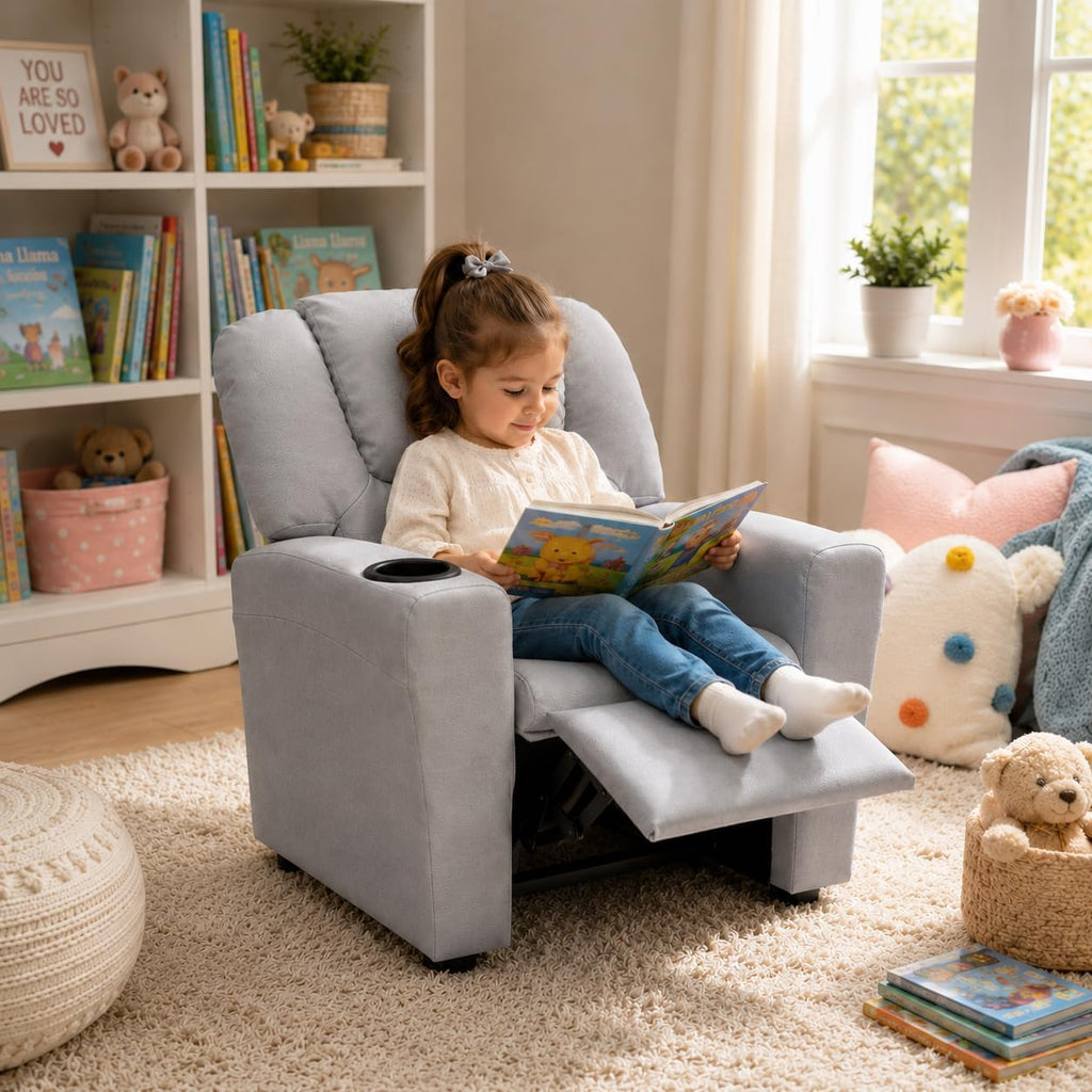 Naomi Home Suri Kids Recliner Chair: 150 Lbs Capacity & Solid Hardwood Frame for Ultimate Durability. Built to Grow Toddler & Children Sofa with Cup Holder, Footrest & 3 Recline Positions - Gray