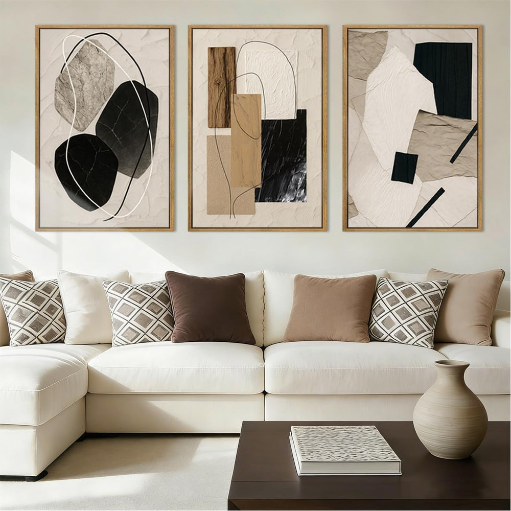Large Abstract Paintings Framed Neutral Canvas Prints Mid Century Modern Wall...