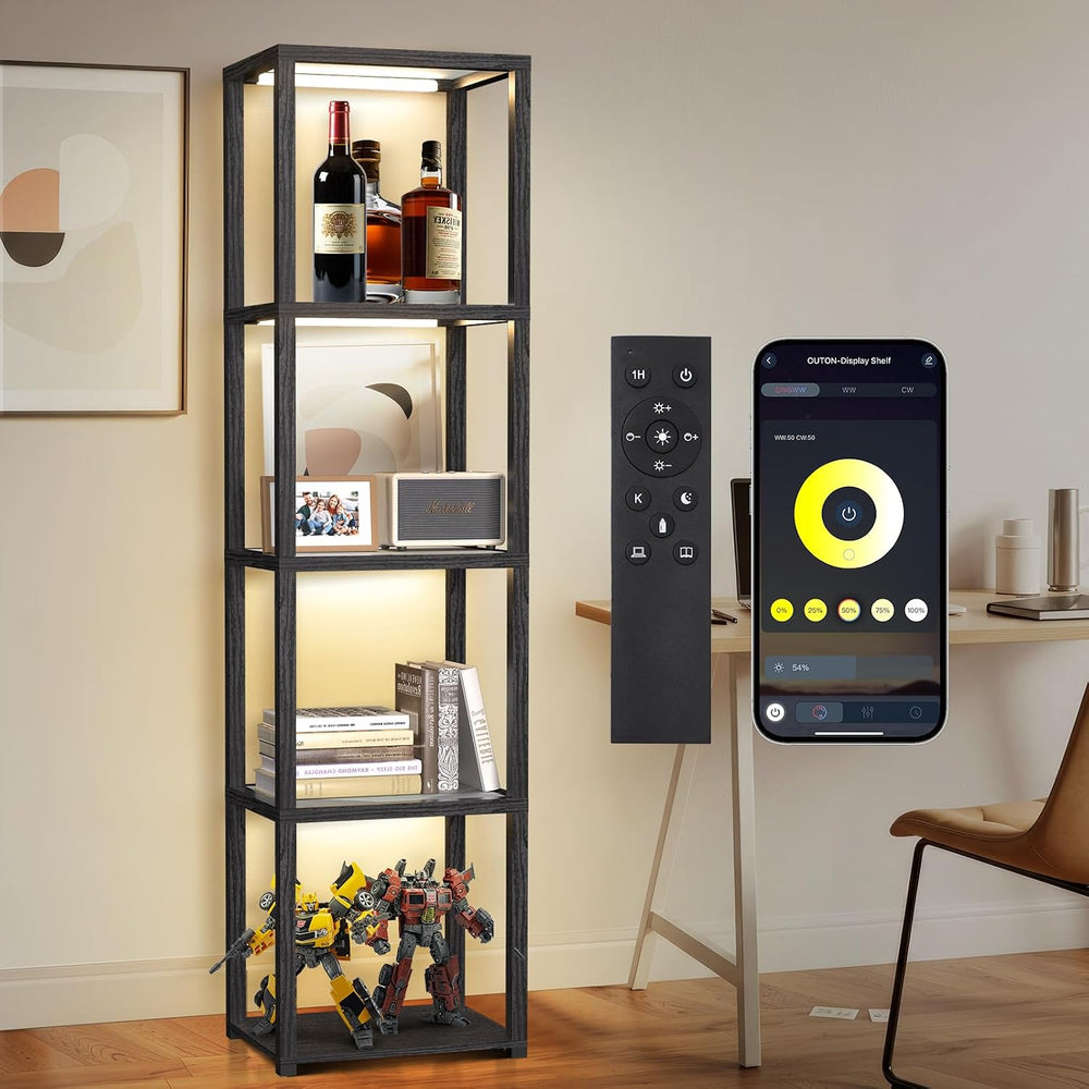 OUTON 67" Glass Display Shelf with Dimmable LED Floor Lamp, Collectibles...