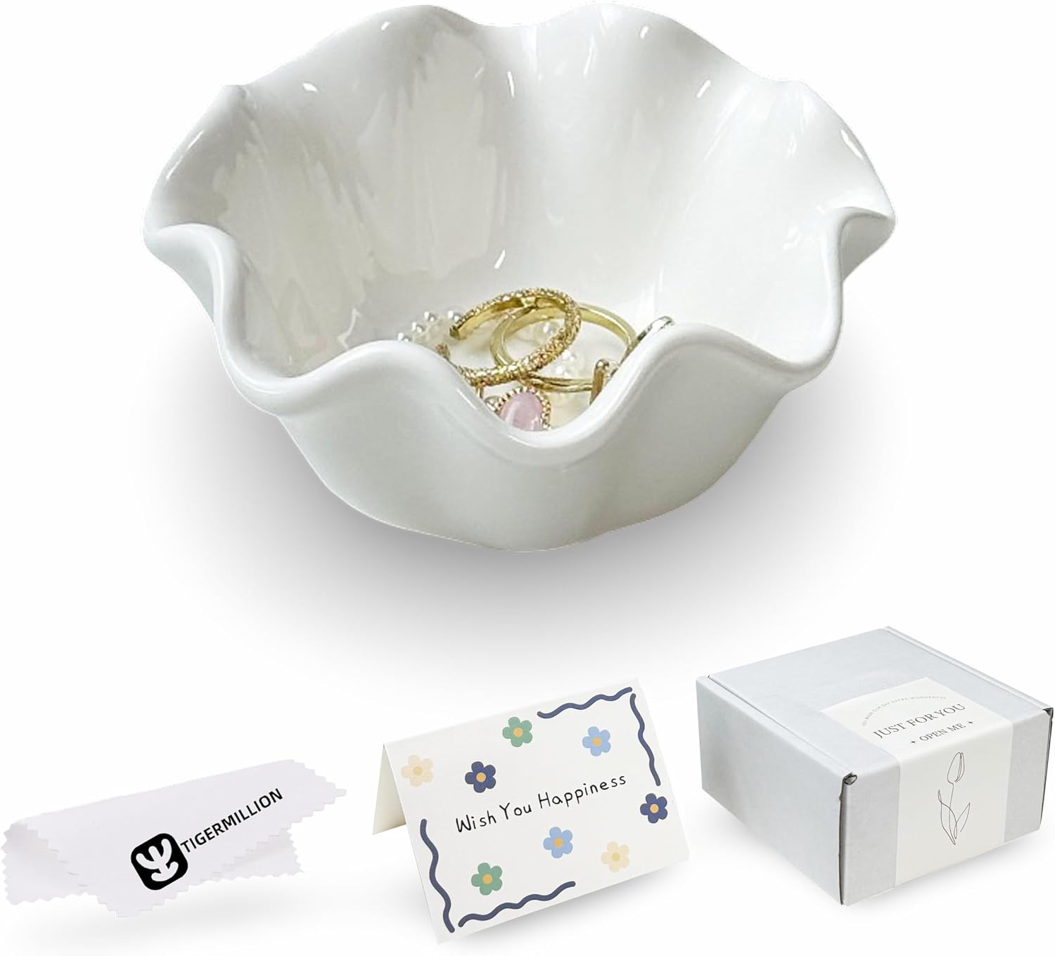 White Flower Jewelry Dish Tray, 3.85″ Lotus Ceramic Ring Holder, Cute Vanity Organizer Nightstand Bathroom Decor, Trinket Plate Dish Christmas Valentine's Mother's Day Birthday Gifts for Women (Plain)