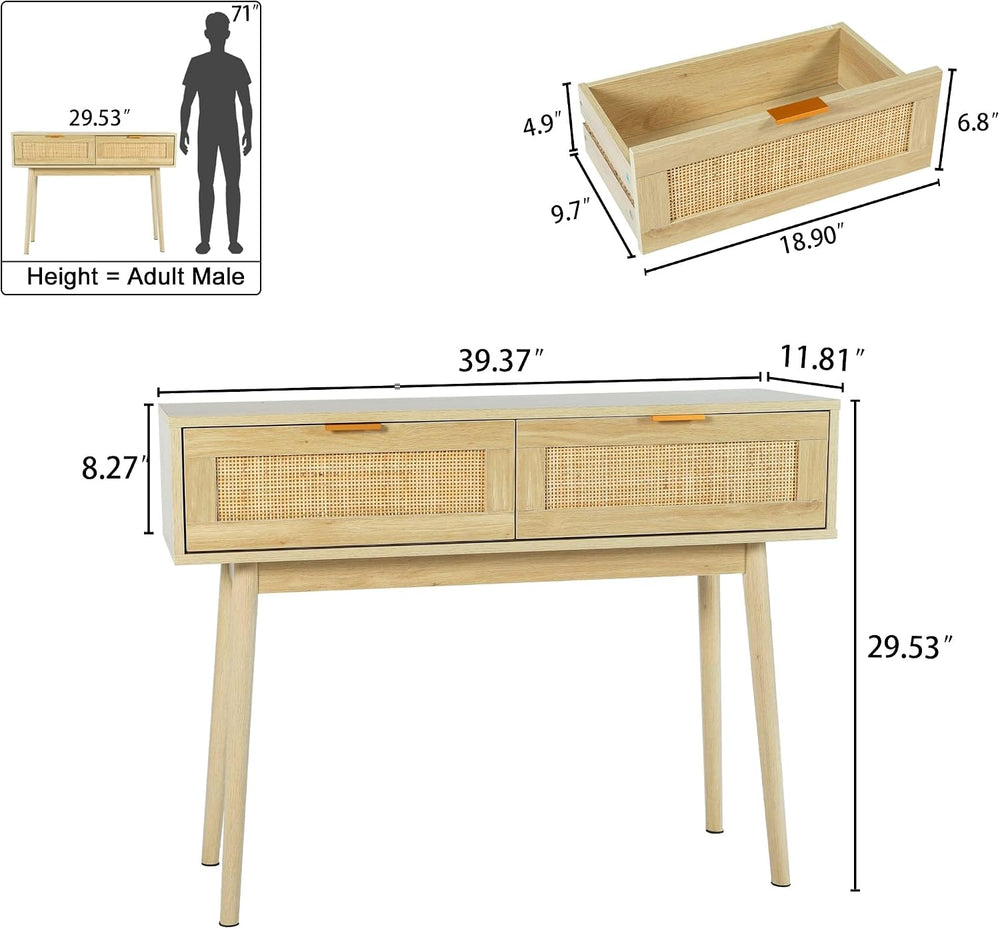 HOPUBUY Console Table Rattan Desk with Drawers,Narrow Sofa | Pine Leg, Modern...