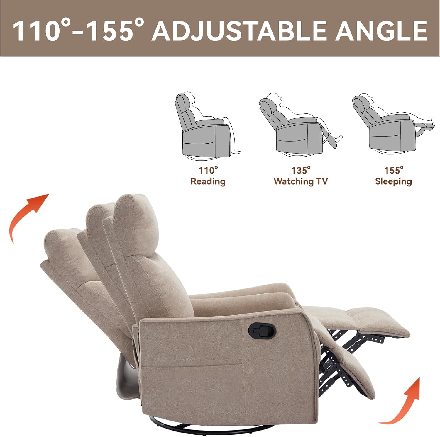 Anwick 360° Swivel Rocker Recliner Chair with Heat and Massage, Manual Upholstered Recliner for Small Spaces, Fabric Glider Nursery Chair with Side Pockets for Living Room (Khaki)