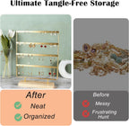 Earring Organizer Stand for Women, 4 Tier Tall Jewelry Holder Organizer Rack, Tabletop Display Rack Multiple Pierced Earrings, Wood and Iron Hanging Jewelry Organizer, Gold Jewelry Storage
