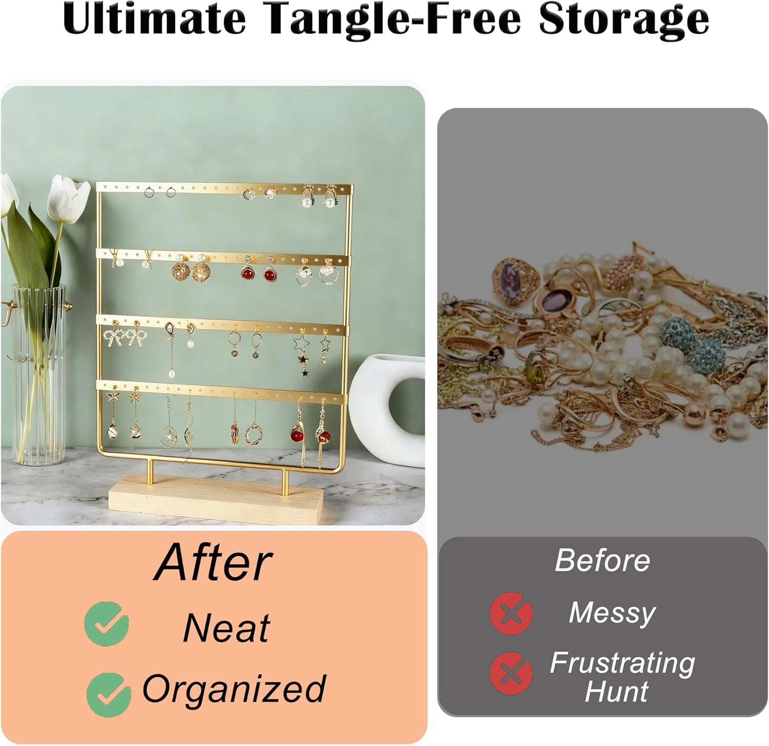 Earring Organizer Stand for Women, 4 Tier Tall Jewelry Holder Organizer Rack, Tabletop Display Rack Multiple Pierced Earrings, Wood and Iron Hanging Jewelry Organizer, Gold Jewelry Storage