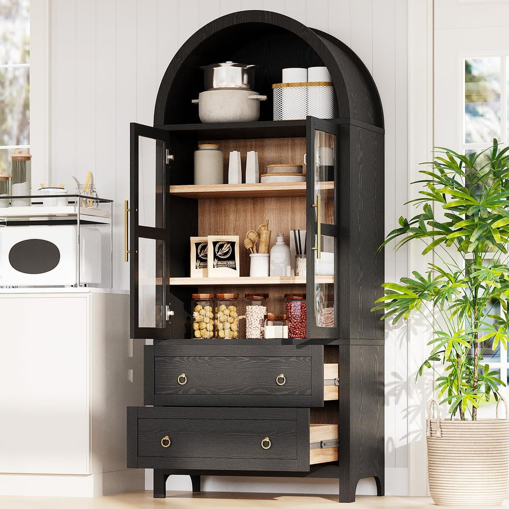 71" Tall Arched Kitchen Pantry Cabinet with 2 Large Drawers and Adjustab...