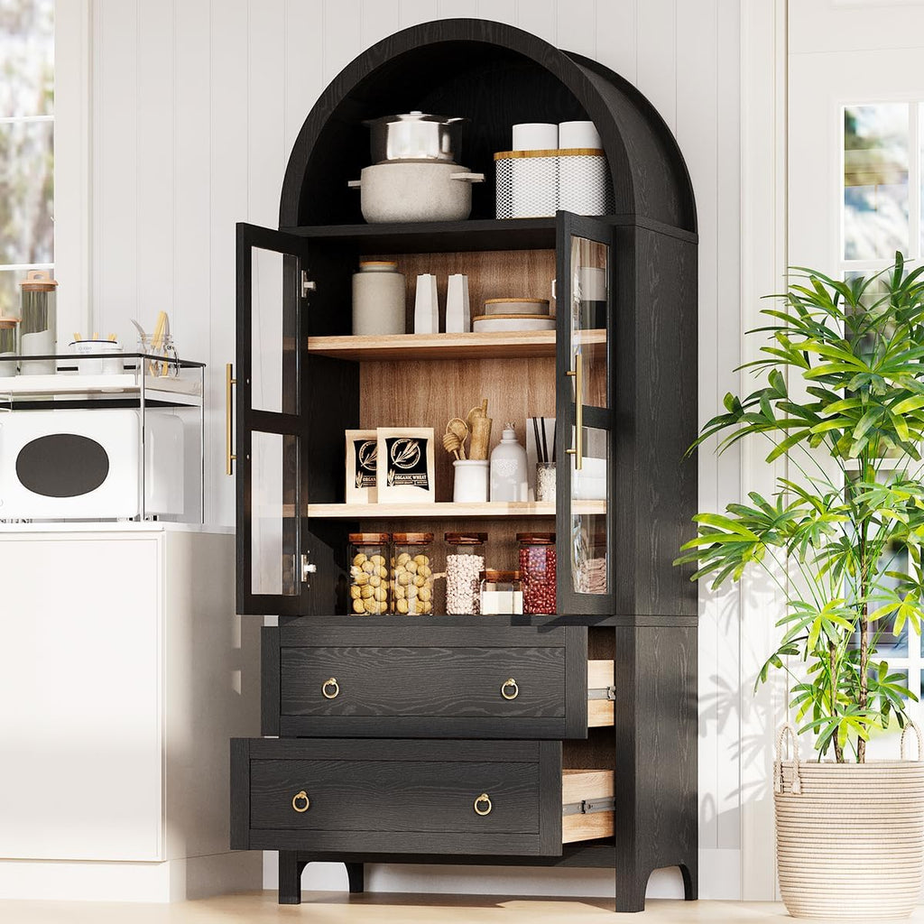 71" Tall Arched Kitchen Pantry Cabinet with 2 Large Drawers and Adjustable Shelves, Modern Farmhouse Storage Cabinet with Glass Doors, Wood Versatile Cupboard for Kitchen (Black)