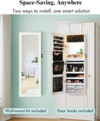 LUXFURNI Full Length Mirror with Storage, 79 LED Lights Mirror Jewelry Cabinet, Wall Mounted or Door-Hanging Jewelry Armoire Organizer with Mirror, Built-in Makeup Mirror, White