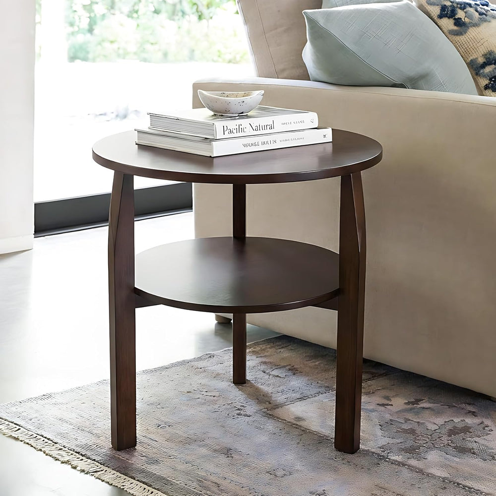 Round Side Table with 2-Tier Shelf Wood End Table | Mid Century Modern Accent...