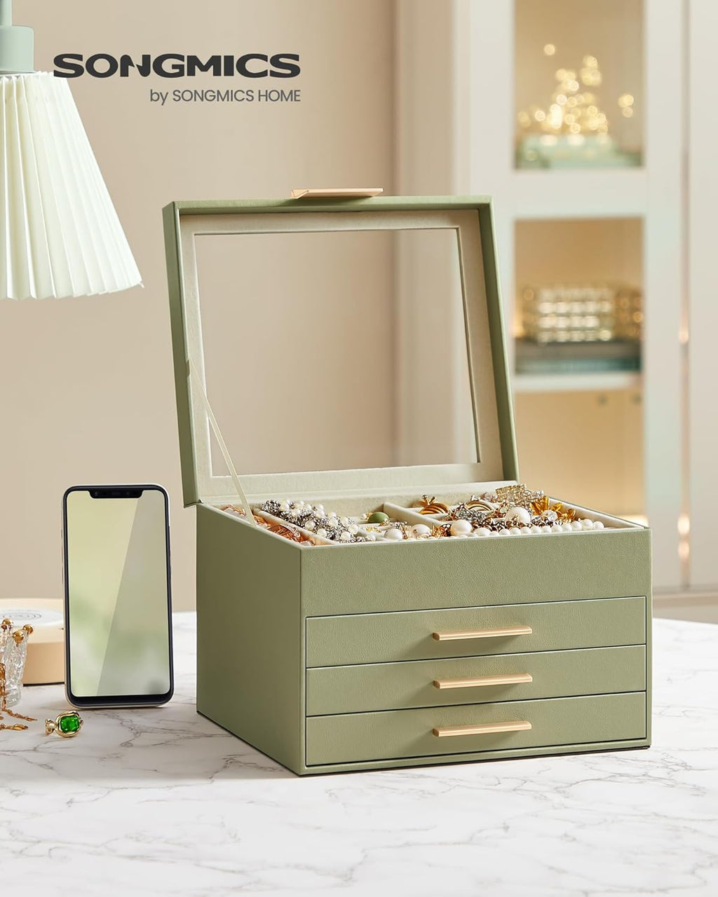 SONGMICS Jewelry Box Organizer with Glass Lid, 4-Layer Jewelry Storage, with 3 Drawers, Modern Style, Christmas Gift, 8 x 9.1 x 6.5 Inches, Avocado Green and Gold Color UJBC173C02
