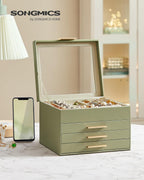SONGMICS Jewelry Box Organizer with Glass Lid, 4-Layer Jewelry Storage, with 3 Drawers, Modern Style, Christmas Gift, 8 x 9.1 x 6.5 Inches, Avocado Green and Gold Color UJBC173C02