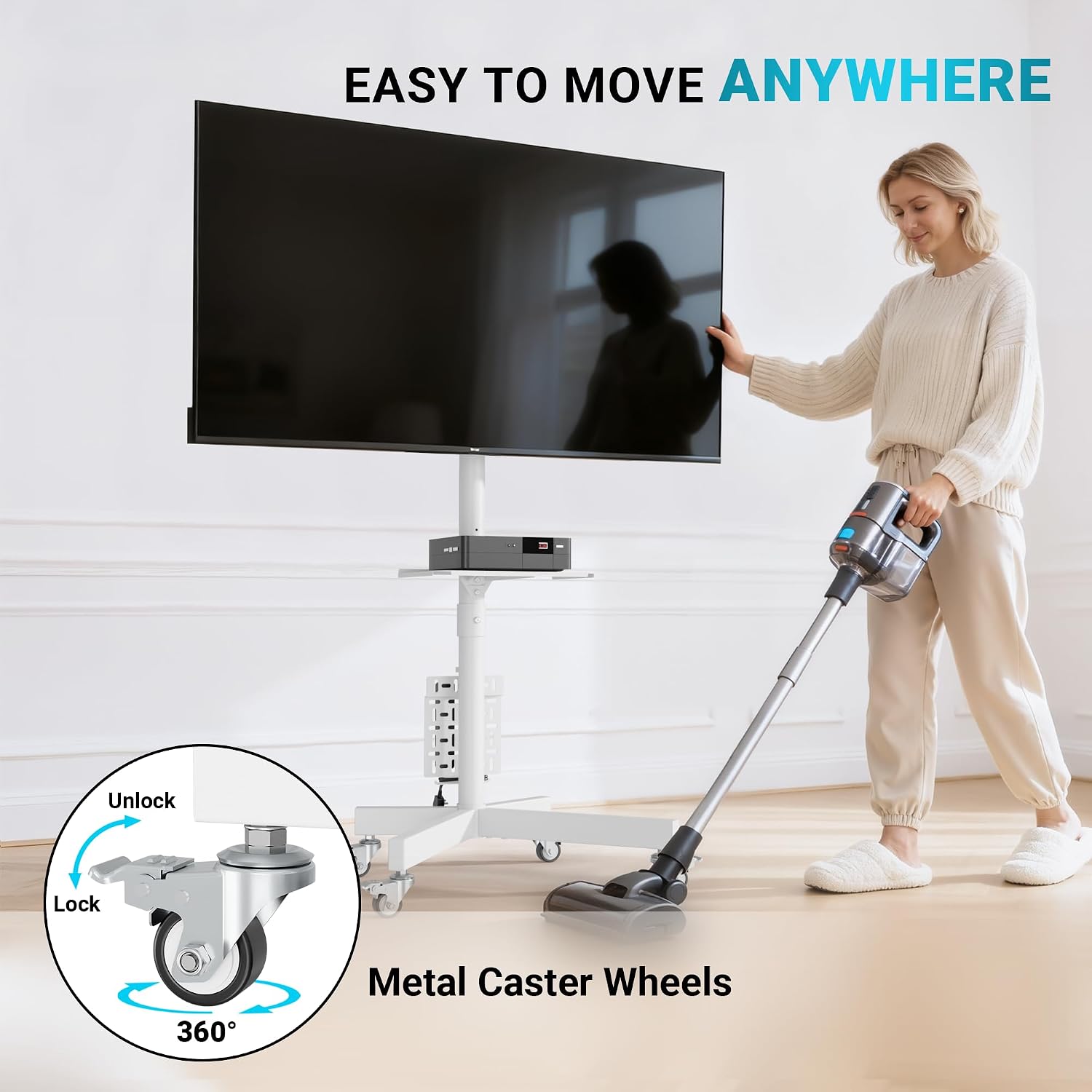 BONTEC Rolling TV Stand with Pegboard Storage for 32–65 Inch TVs, White | Height Adjustable Mobile TV Cart on Metal Wheels with Shelf & Cable Management,Holds up to 88 lbs, Max VESA 400x400mm