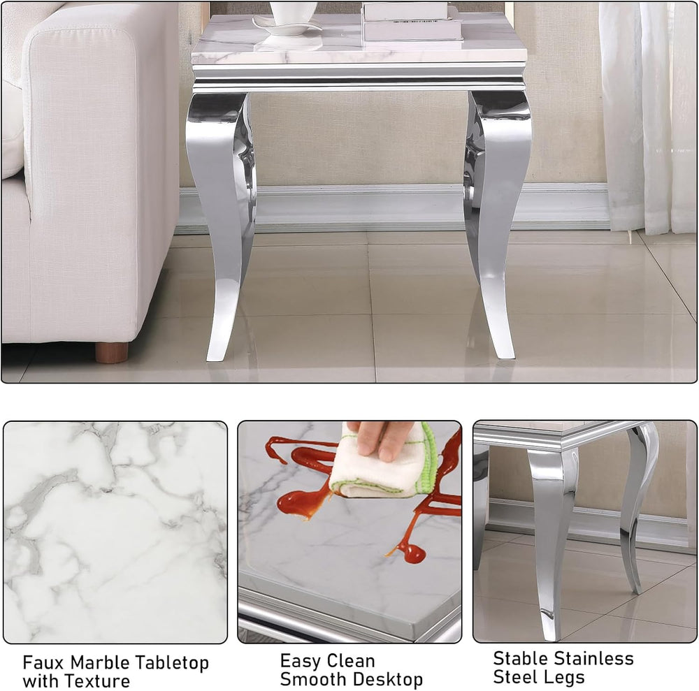 Henf 23in Square End Table Faux Marble End Table w/Stainless Steel Legs,Luxur...