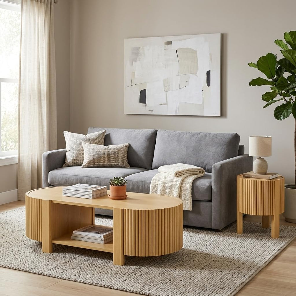 Flieks Living Room Table Set of 2 with 1 Coffee Table and 1 Side Table, Rubbe...
