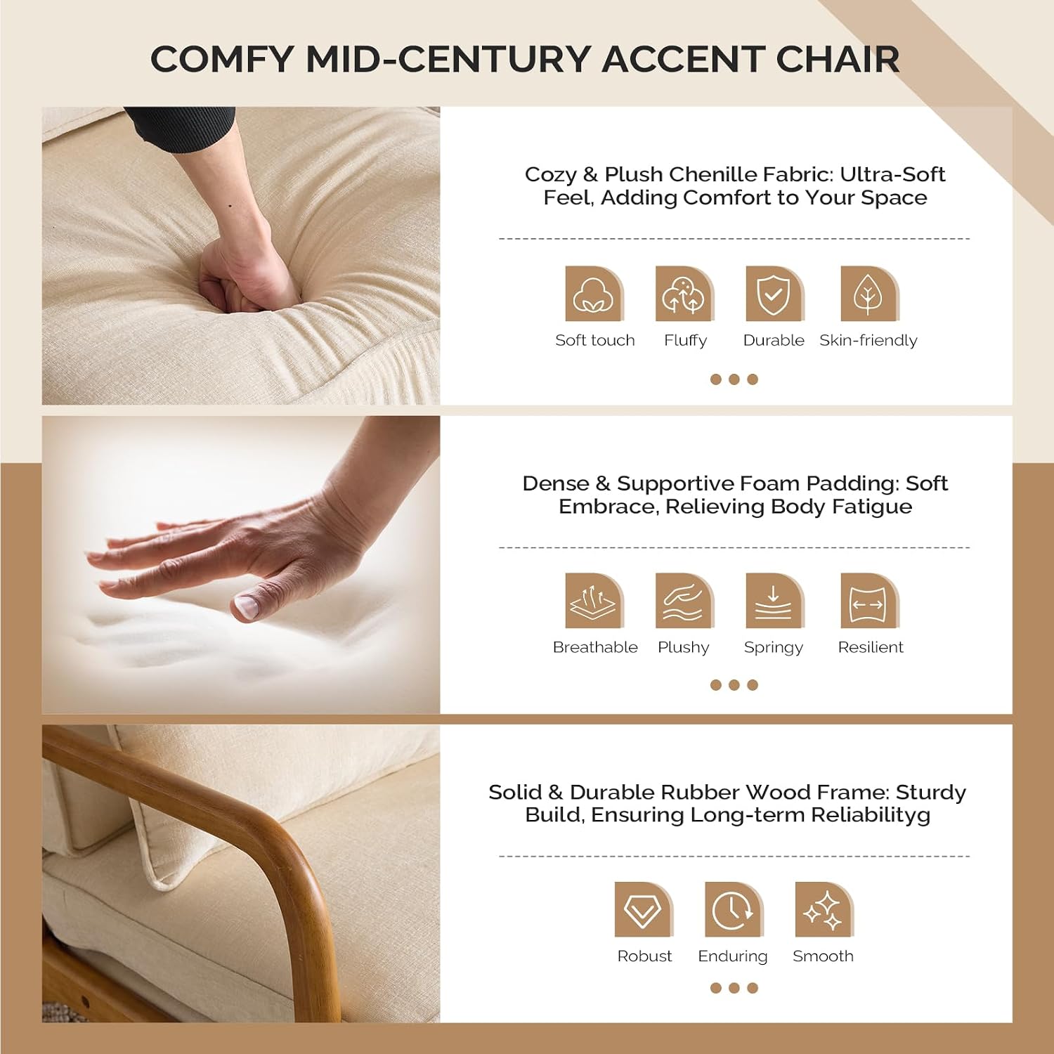 VINGLI Chenille Mid-Century Modern Accent Chair Set of 2, Cute Reading Arm Chair with Cushion & Lumbar Pillow & Solid Wood Frame for Lounge, Living Room, Reading Room, Bedroom,Cream