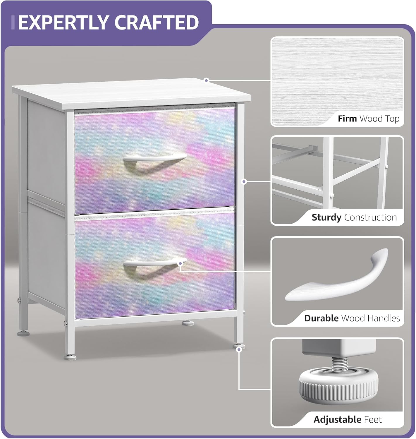 Sorbus Nightstand with 2 Drawers - Kids Bedside Furniture End Table Night Stand - Steel Frame, Wood Top & Easy Pull Fabric Bins - Dresser & Chest for Home, Bedroom Accessories, Office & College Dorm