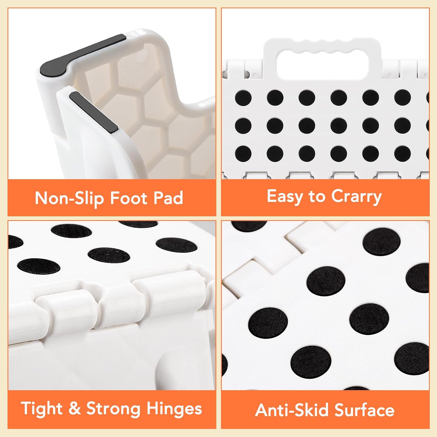 ACSTEP 9 Inch Wide and 9 Inch Folding Step Stool 2-Piece Set, 300 LB Capacity Plastic Foldable Stools with Handle, Non-Slip Step Stool, Home Use (White & White)