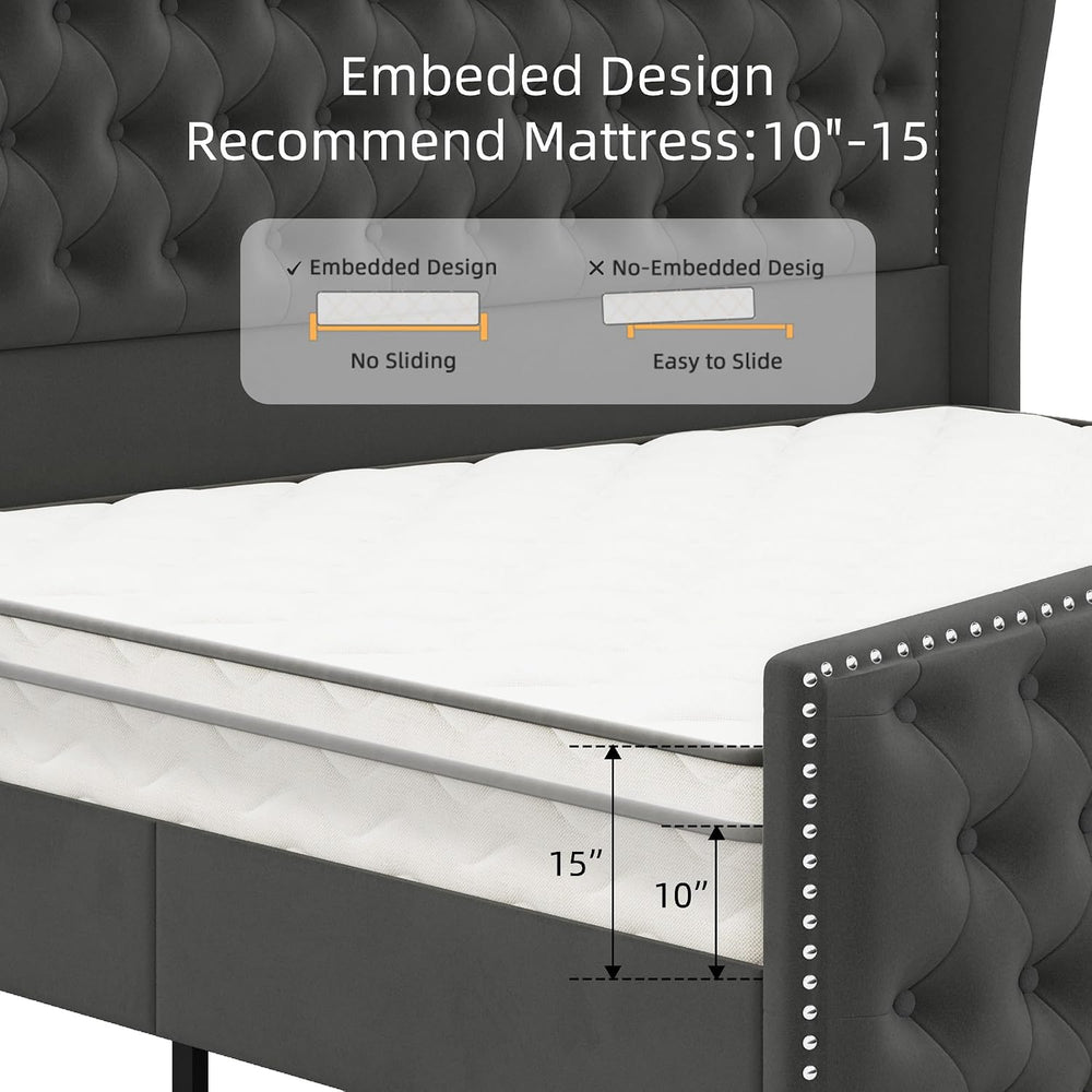 BRELTAM Upholstered Queen Size Bed Frame Velvet Tufted Platform Bed Frame wit...