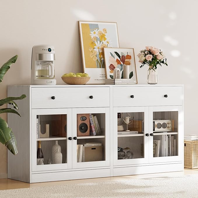 TUSY 71" Large TV Stand Set - TV Entertainment Center for TVs up to 65", Media Center with Tempered Glass Doors and Drawer, TV Hutch with Bookshelves for Living Room (White, BFFB)
