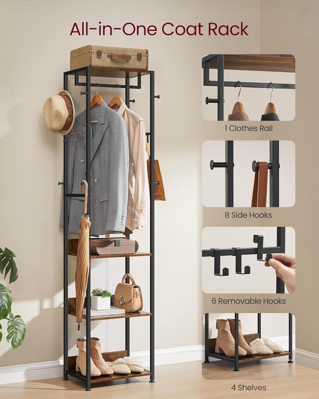 VASAGLE Coat Rack, Freestanding Hall Tree with Shelves, Hanging Rail, and Hooks, Space-Saving Coat Stand, Steel Frame, for Clothing, Bags, Hats, Ink Black and Rustic Brown URCR061BD04