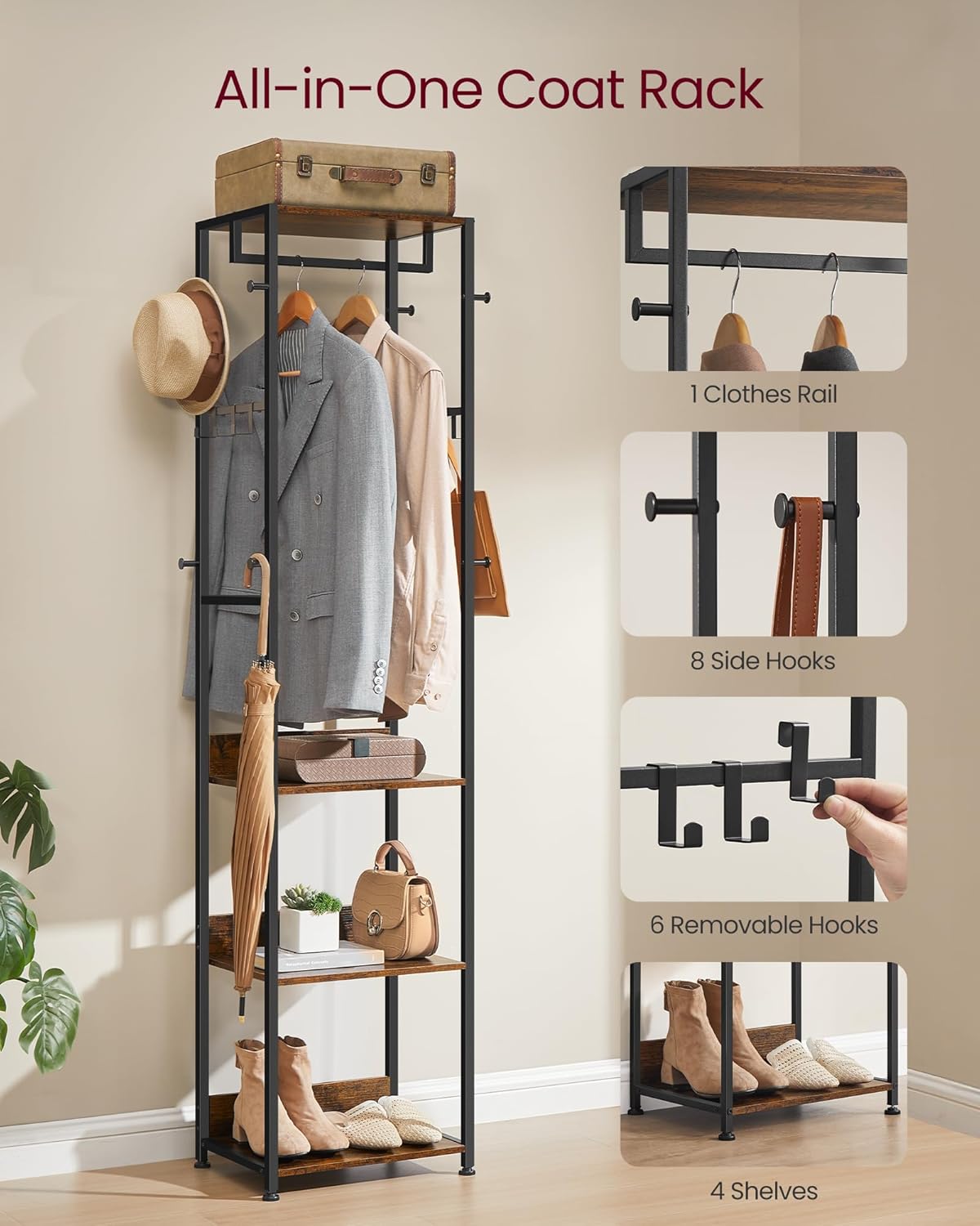 VASAGLE Coat Rack, Freestanding Hall Tree with Shelves, Hanging Rail, and Hooks, Space-Saving Coat Stand, Steel Frame, for Clothing, Bags, Hats, Ink Black and Rustic Brown URCR061BD04