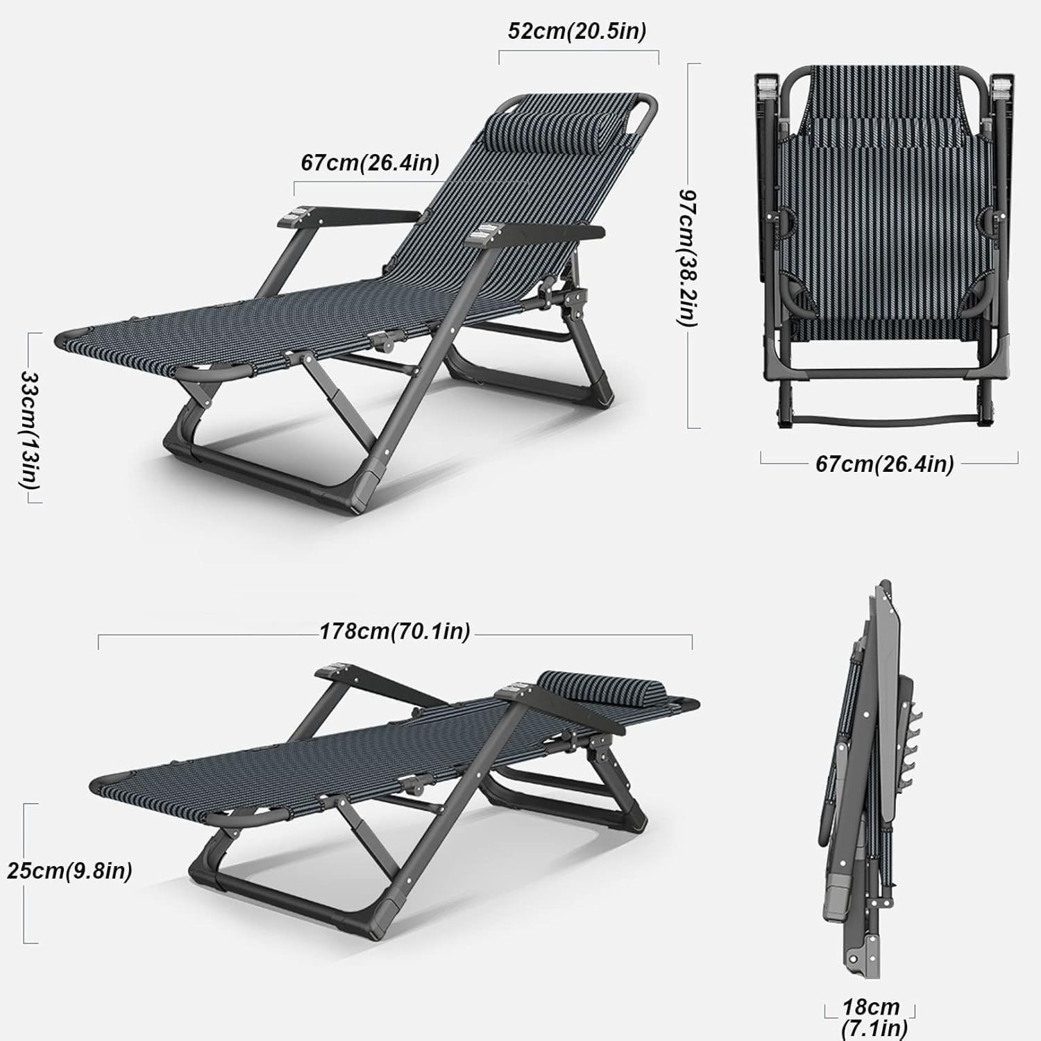 Lawn Recliner Folding Portable Chaise Lounge with Detachable Cushion, Reclining Patio Lounger Chair Gravity(Grey)