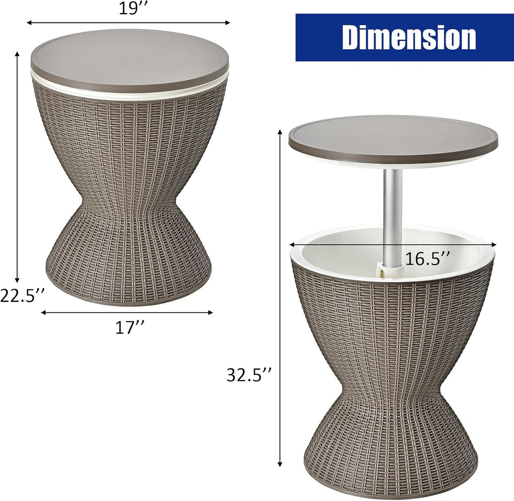 Giantex Outdoor Ice Cooler Side Table with Adjustable Height, 8 Gal Beverage Bucket with Drain Plug, Rattan Patio Bar Table for Poolside, Deck, BBQ & Backyard Parties