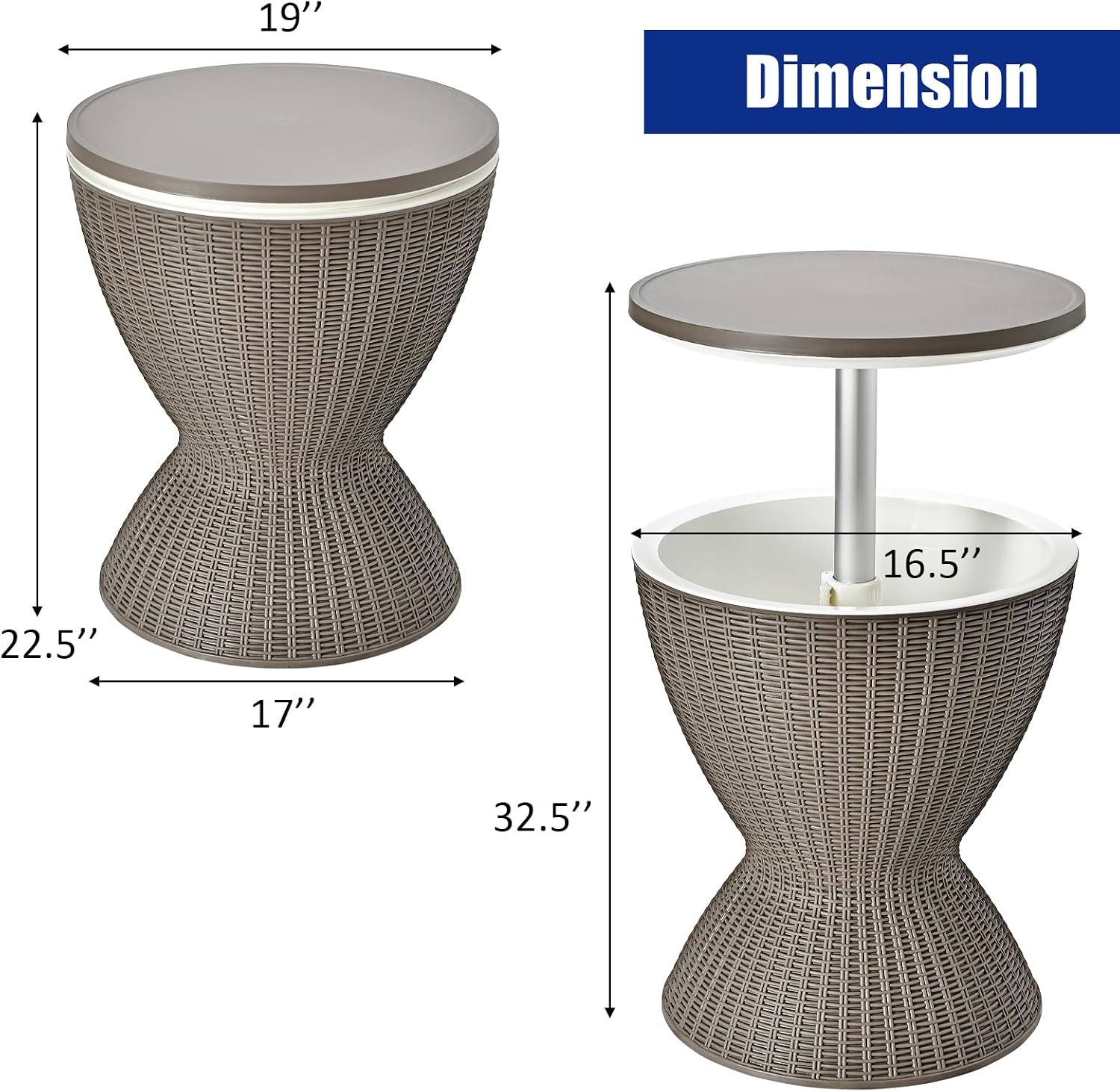 Giantex Outdoor Ice Cooler Side Table with Adjustable Height, 8 Gal Beverage Bucket with Drain Plug, Rattan Patio Bar Table for Poolside, Deck, BBQ & Backyard Parties
