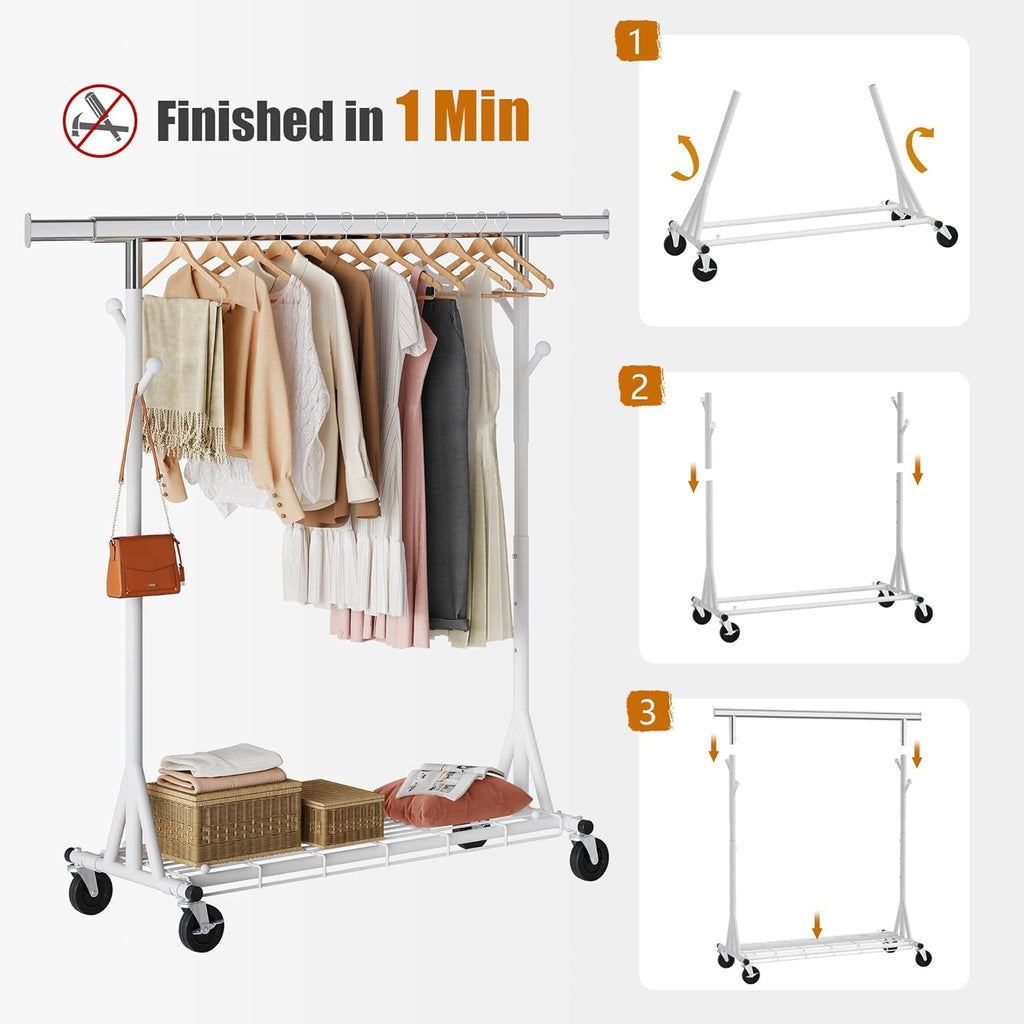 Heavy Duty Clothes Rack, 530 lbs Load Capacity Metal Garment Rack on Wheels - Collapsible Adjustable Portable Storage with Hooks, White