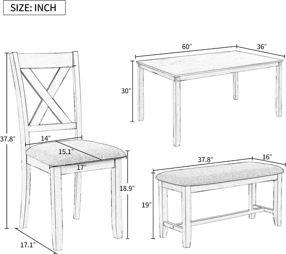 Merax 6 Piece Farmhouse Dining Table Set, 60" Solid Wood Rectangular Kit...