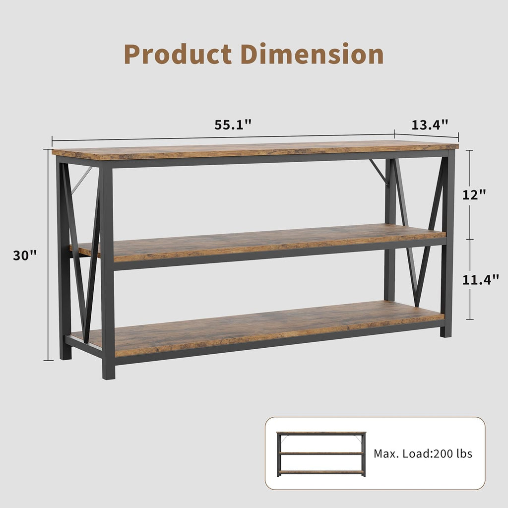 IDEALHOUSE Industrial Entryway Table, 47 in Narrow Long Console Table with Storage, 3 Tier Wood Console Table for Living Room, Farmhouse Sofa Tables Behind Couch, Hallway Table for Foyer-Brown