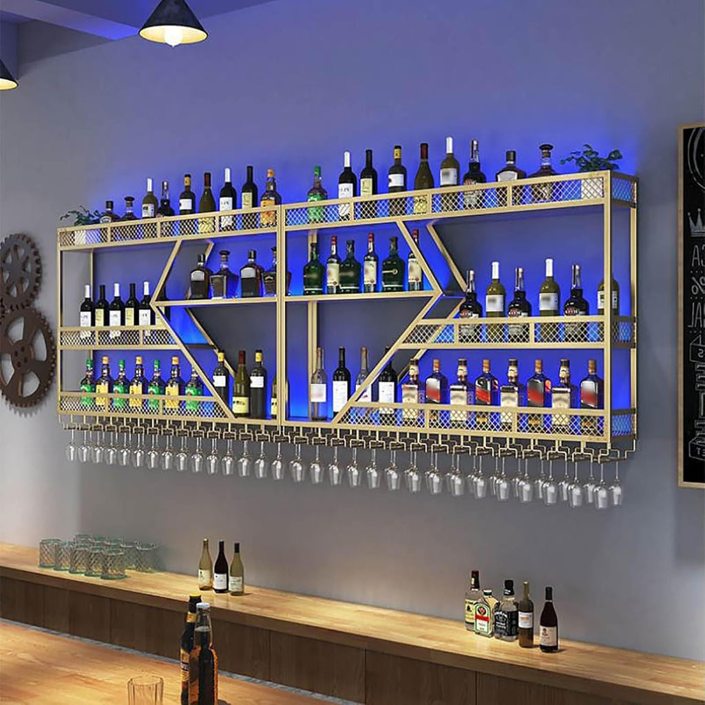 63in Large Wall Mounted Wine Rack 3 Tier Metal Wine Bottle Holder Modern Diamond Design Floating Bar Liquor Bottles Storage Rack for Home Restaurant Bar Decorative (Gold, 3 Tier - 63in)