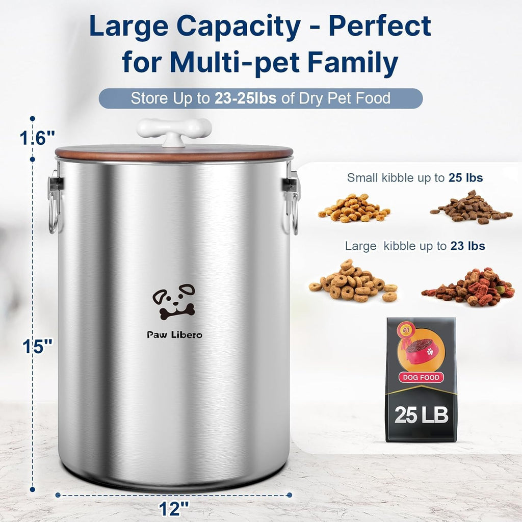 2PK 25 Lbs total 50 Lbs Stainless Steel Dog Food Storage Container with Airtight Wooden Lid & Ceramic Bone Handle, Large Metal Dog Food Bin for Dogs & Cats