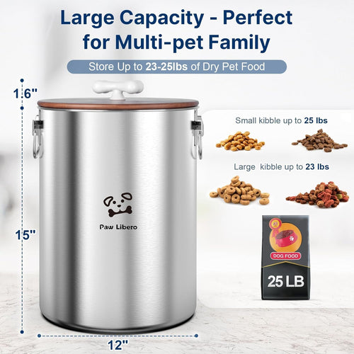 2PK 25 Lbs total 50 Lbs Stainless Steel Dog Food Storage Container with Airtight Wooden Lid & Ceramic Bone Handle, Large Metal Dog Food Bin for Dogs & Cats