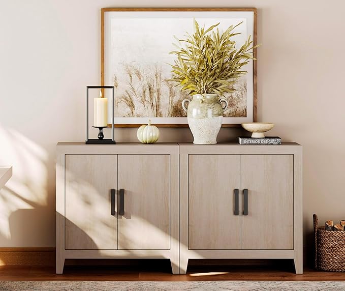 WAMPAT Farmhouse TV Stand for TVs up to 65 Inch, Rustic Wood Entertainment Center & Media Console with 4 Storage Doors, Accent Cabinet for Living Room, Hallway, Beige