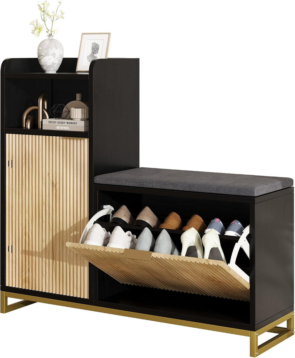 L-Shaped Shoe Storage Bench with Cushioned Seat & 2 Flip Drawer, 39'&...
