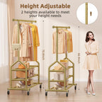 EAGMAK Heavy Duty Clothes Rack Load 688 LBS, Rolling Clothing Rack With 3 Shelves, Adjustable Metal Clothes Hanger with Wheels Portable Wardrobe Organizer Garment Rod for Hanging Clothes (Gold)