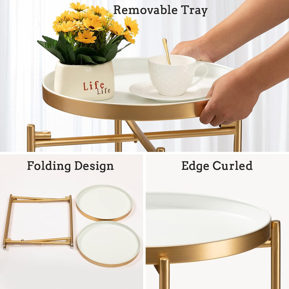 TeoKJ 2 Tier Gold Side Table, Folding Round Metal End Table Small Nightstand ...