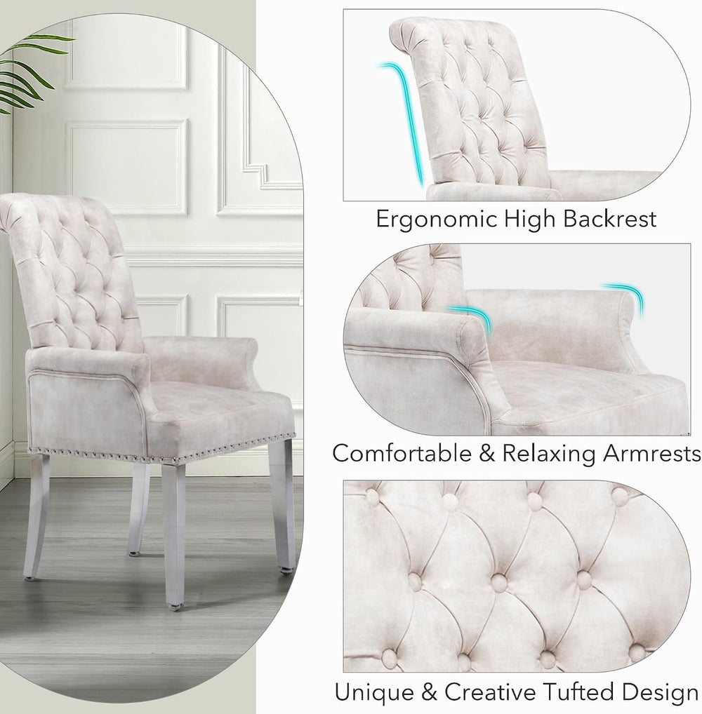 LOULENS Tufted Velvet Armrest Dining Chairs, Modern Upholstered Chairs with S...
