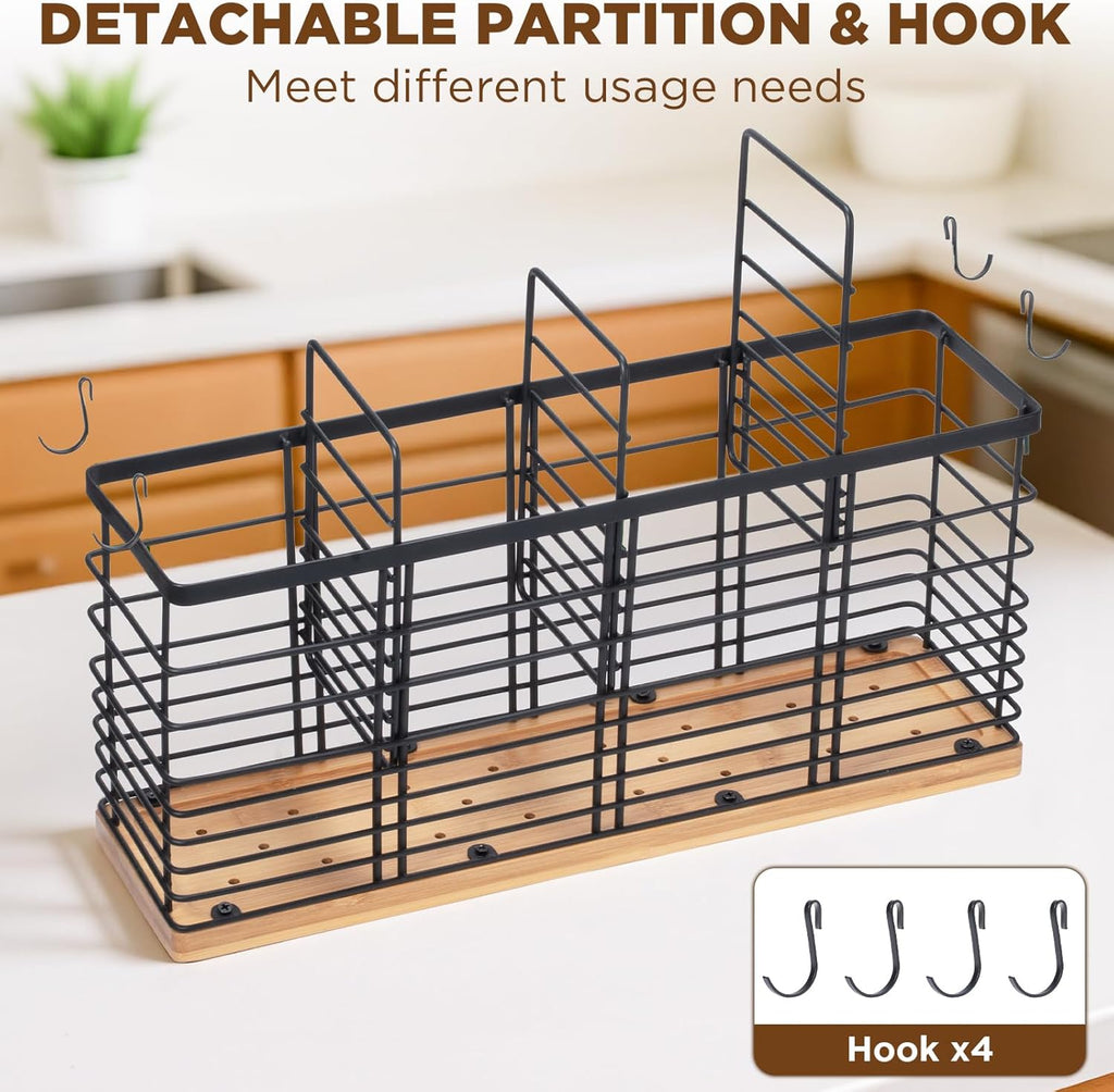 Nigelia 4 Compartments Extra Large Kitchen Utensil Holder with Wooden Base, Metal Organizer for Kitchen Countertop, Matte Black Cooking Utensils Holder with 4 Hooks for Tools Storage
