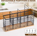 Nigelia 4 Compartments Extra Large Kitchen Utensil Holder with Wooden Base, Metal Organizer for Kitchen Countertop, Matte Black Cooking Utensils Holder with 4 Hooks for Tools Storage