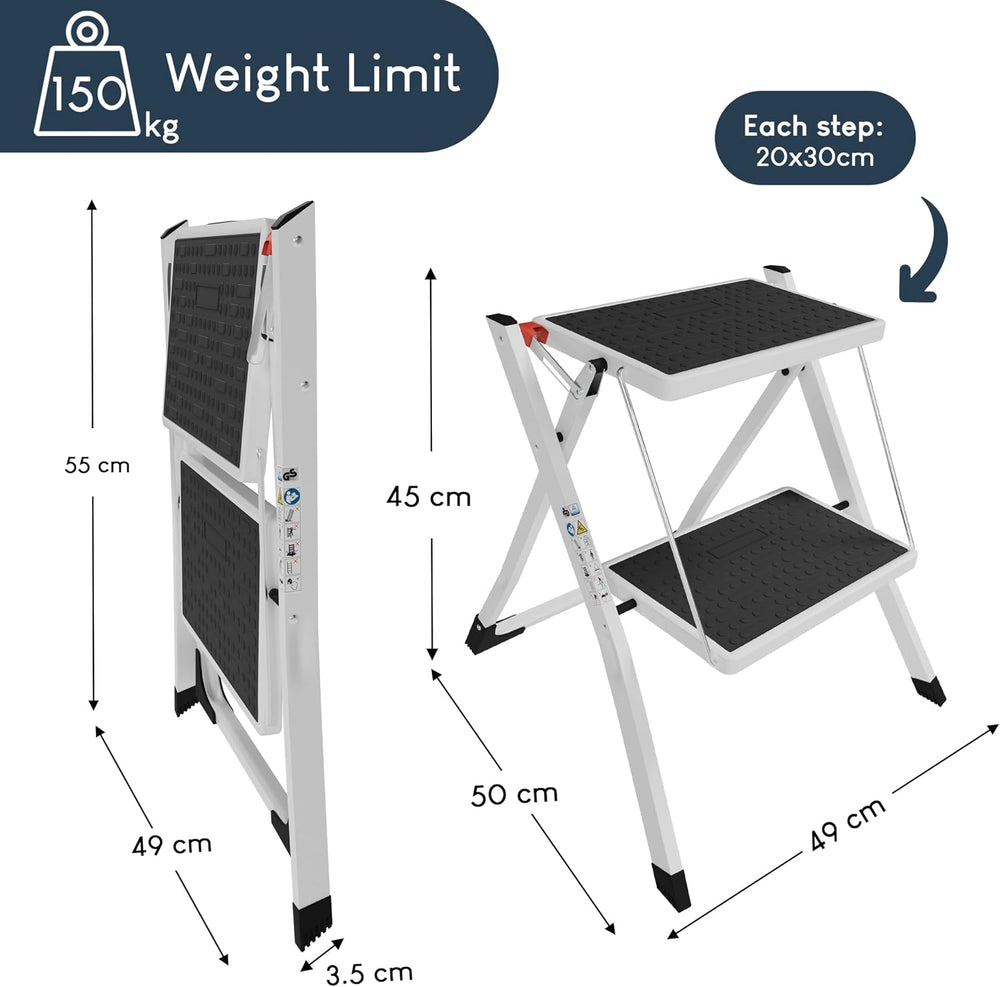 Home Vida 2 Step Ladder Compact, Heavy Duty Steel, Portable Folding, Anti-Sli...
