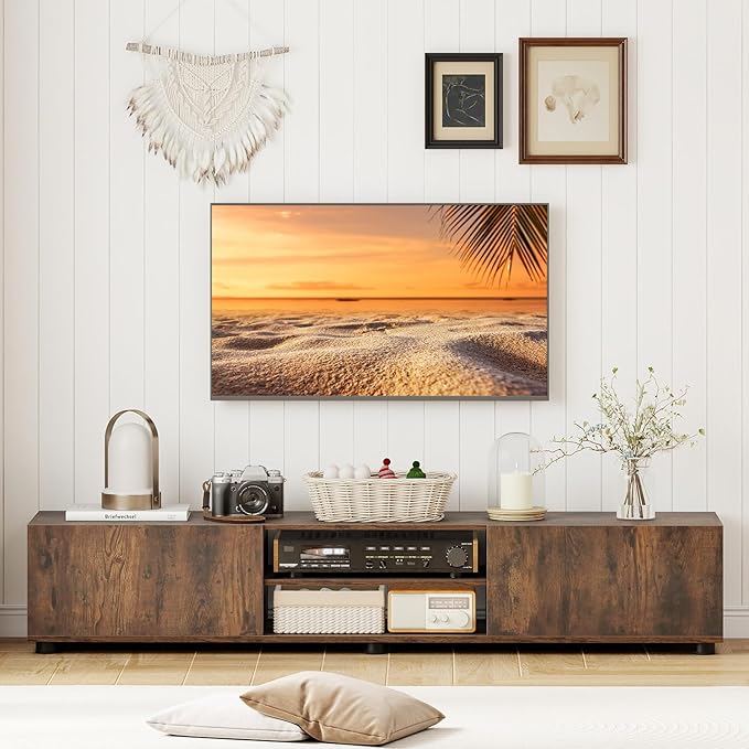 Tangkula Modern TV Stand for up to 70” TVs, 63”L Minimalist Entertainment Center w/ 2 Doors & Open Shelves, Media Console Table Storage Cabinet with 6 Support Feet for Living Room (Rustic Brown, 63”L)