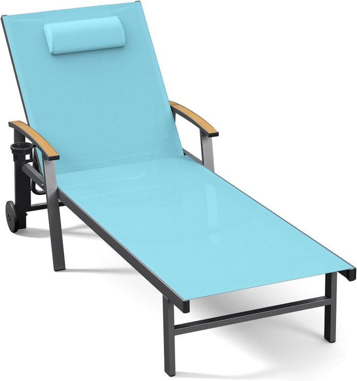 Ciokea Outdoor Lounge Chair with Pillow, 5-Position Chaise Lounge with Wheels & Armrests, 400 lbs Heavy Duty Aluminum Pool Lounger for Beach, Deck, Backyard & Poolside, Lake Blue