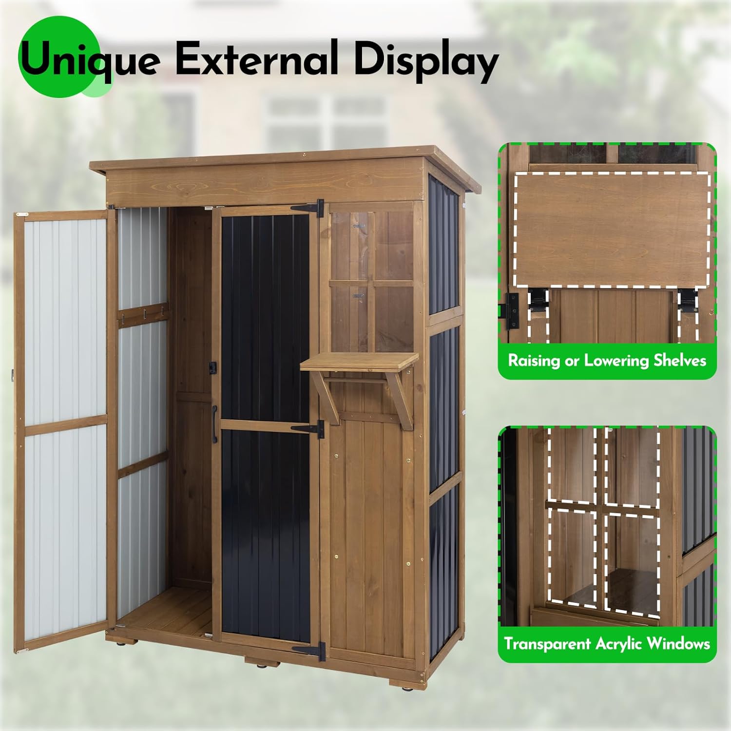 Large Storage Shed, Wood & Metal Outdoor Storage Cabinet with External Foldable Table,Waterproof Roof,Three Shelves, Outdoor Cabinets for Patio Backyard, Garden Garage Tool Shed, Brown